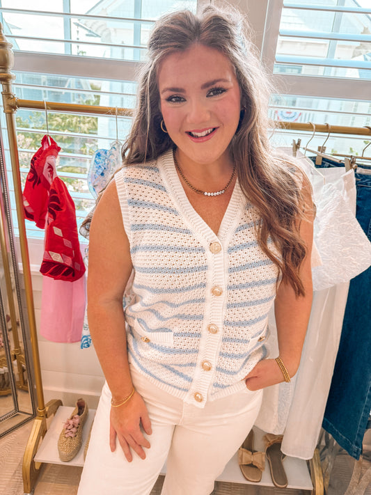 Sky Blue Stripe V Neck Gold Buttons Elegant Sweater Vest - PREORDER