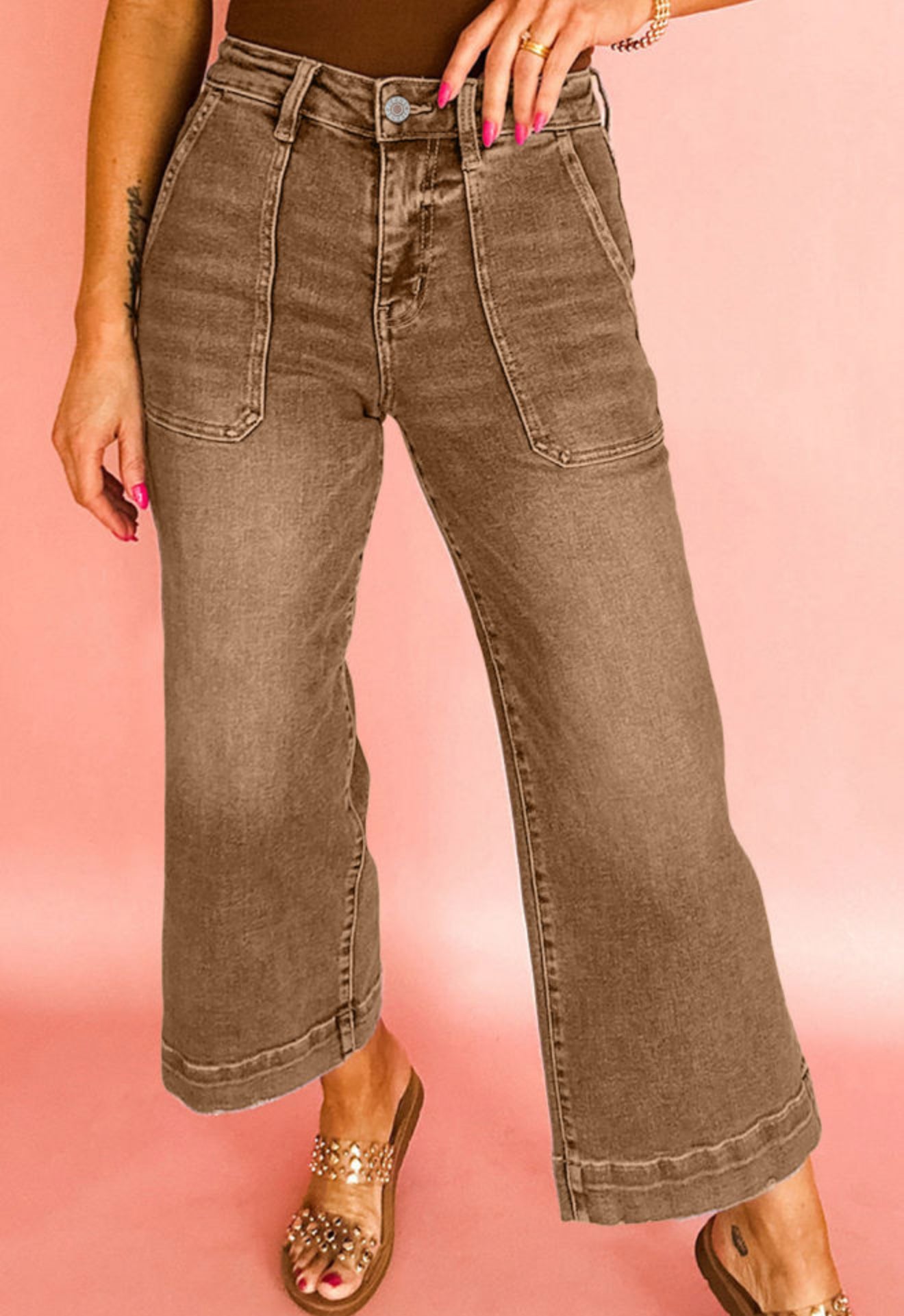 Brown  Cropped High Rise Wide Leg Jeans - PREORDER