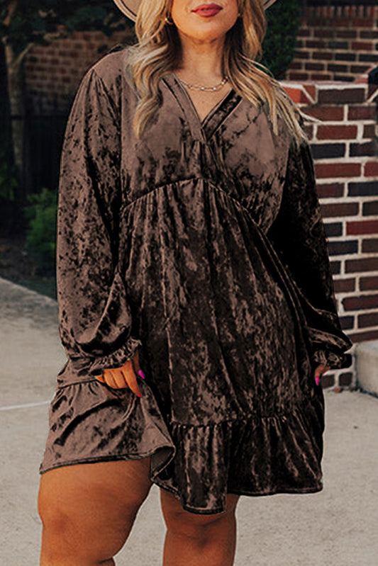 Coffee Plus Size Velvet Babydoll Mini Dress with Puff Sleeve - PREORDER