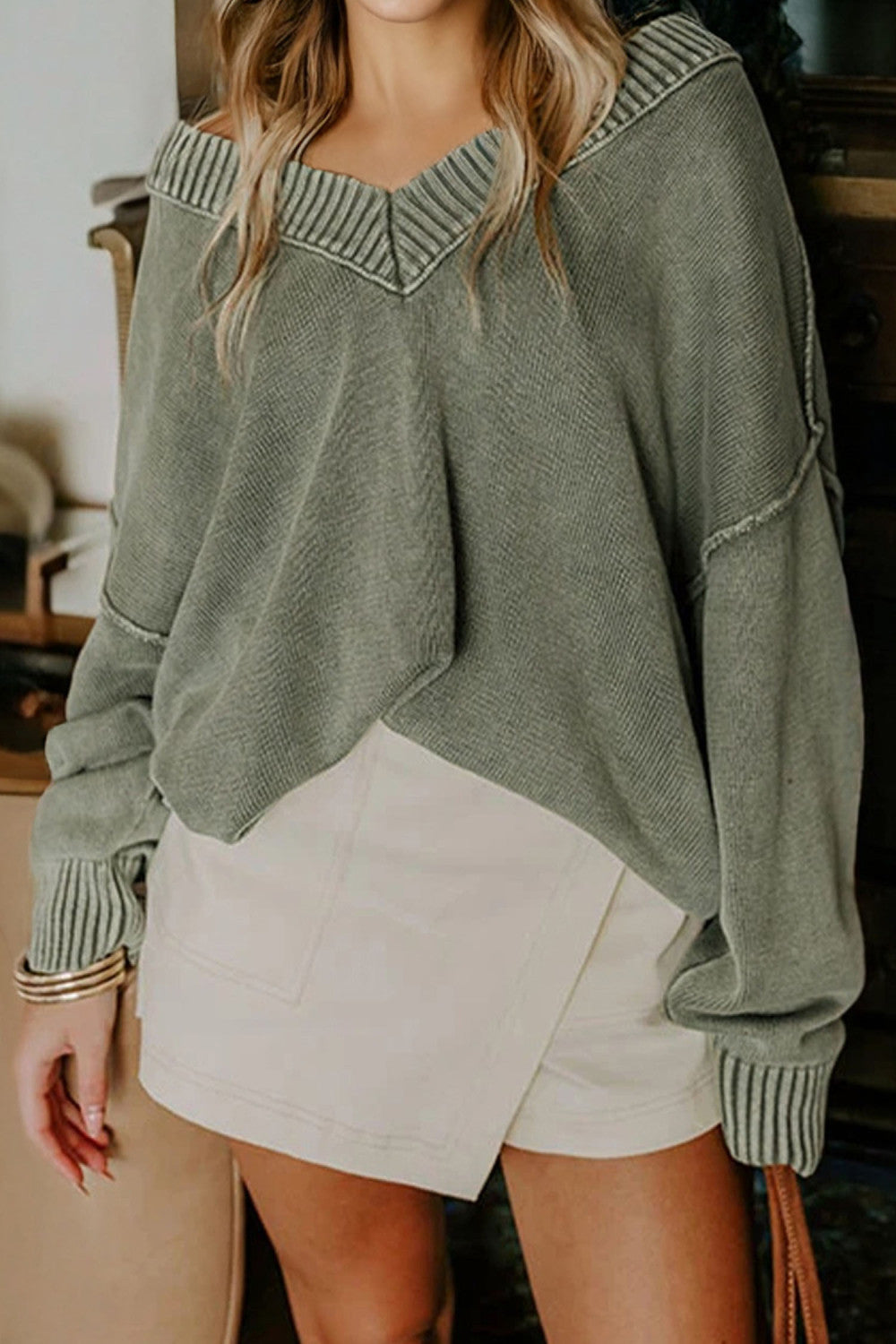 Four Leaf Clover Mineral Wash V Neck Knit Exposed Seam Drop Shoulder Loose Sweater - PREORDER