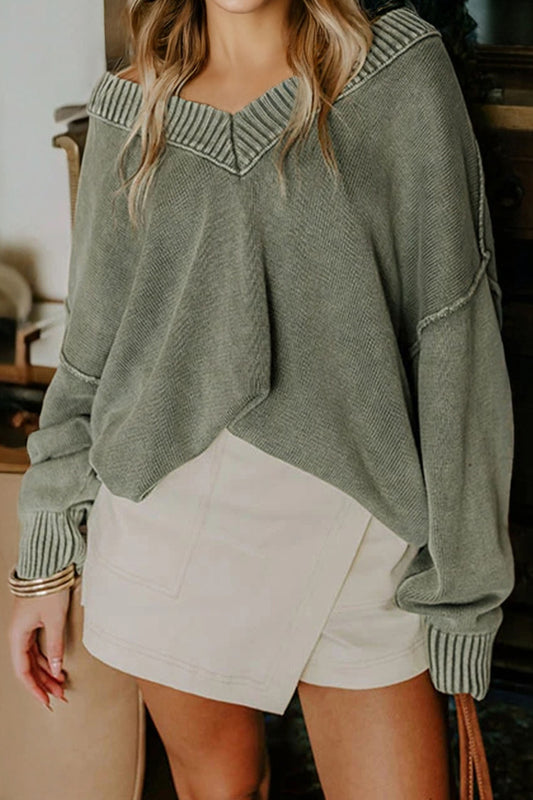 Four Leaf Clover Mineral Wash V Neck Knit Exposed Seam Drop Shoulder Loose Sweater - PREORDER