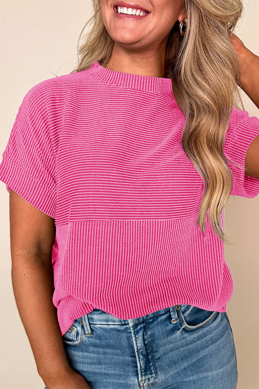 Bright Pink Plain Corded Knit Mock Neck T Shirt - PREORER