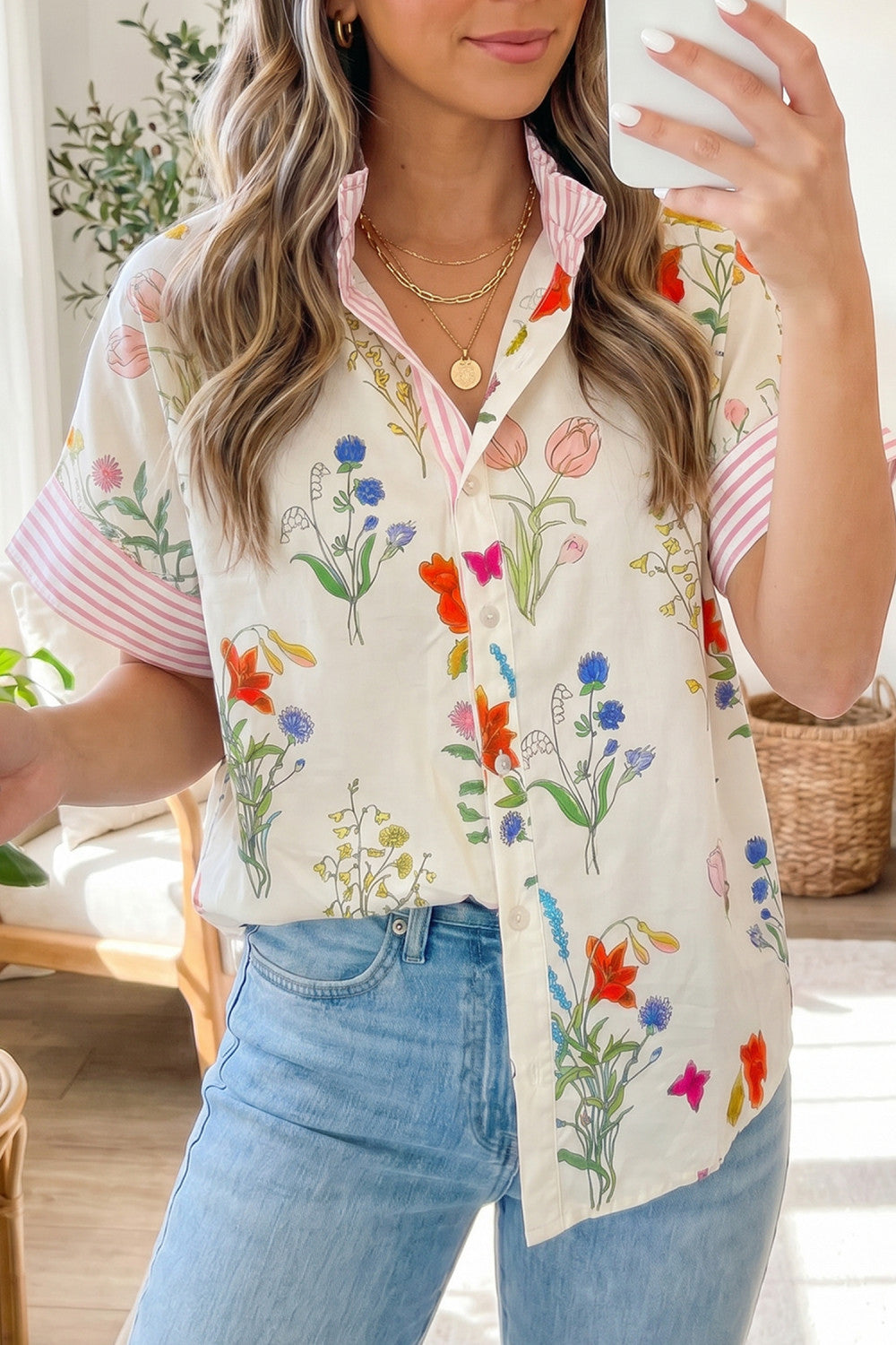 Beige Floral Striped Patchwork Ruffled Collar Short Sleeve Shirt - PREORDER