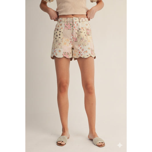 Vintage Pastel Floral Patchwork Scalloped Shorts