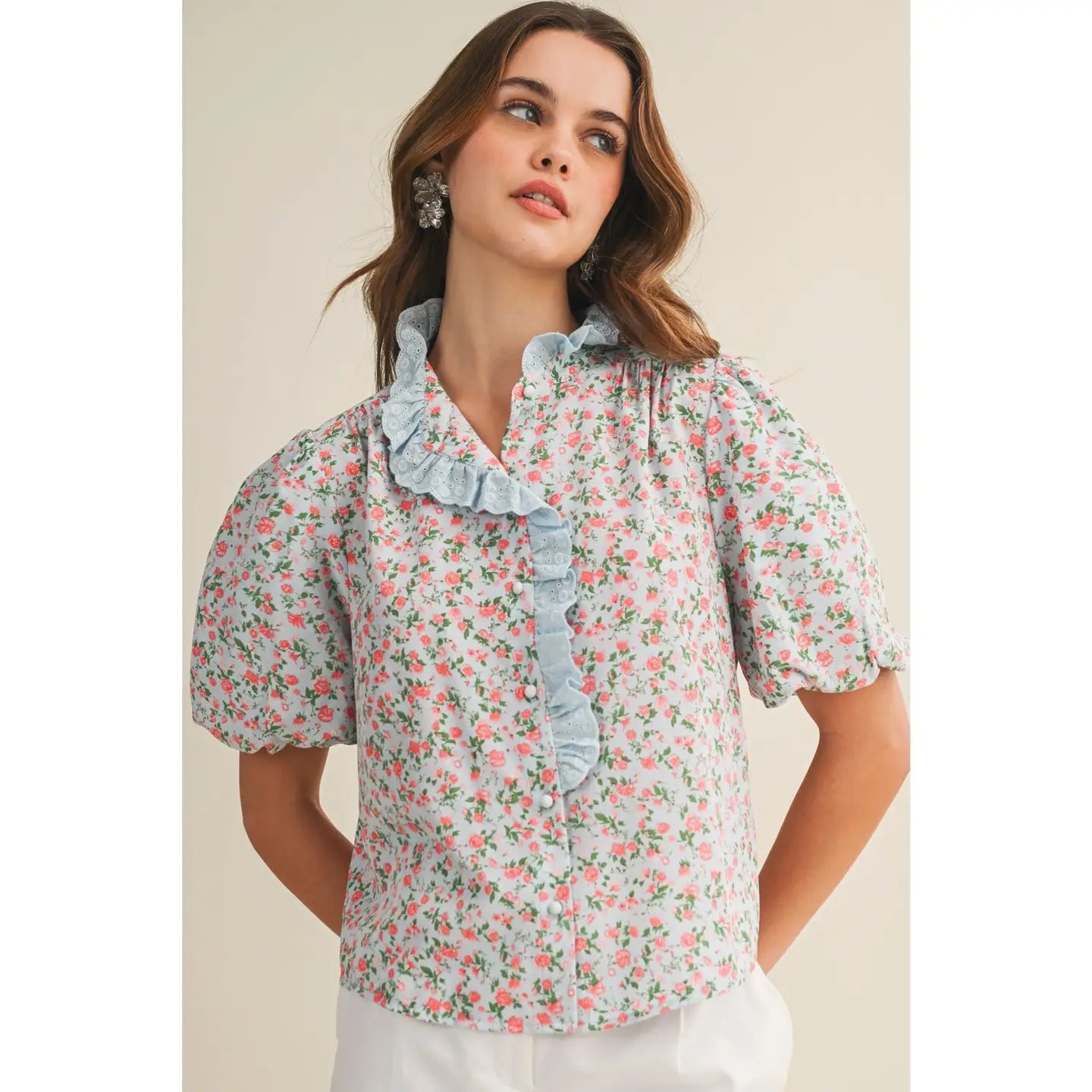 Vintage Bloom High Neck Ruffle Front Floral Top