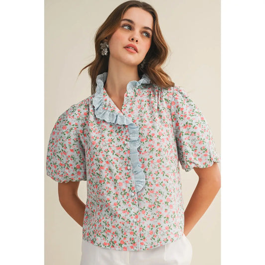 Vintage Bloom High Neck Ruffle Front Floral Top