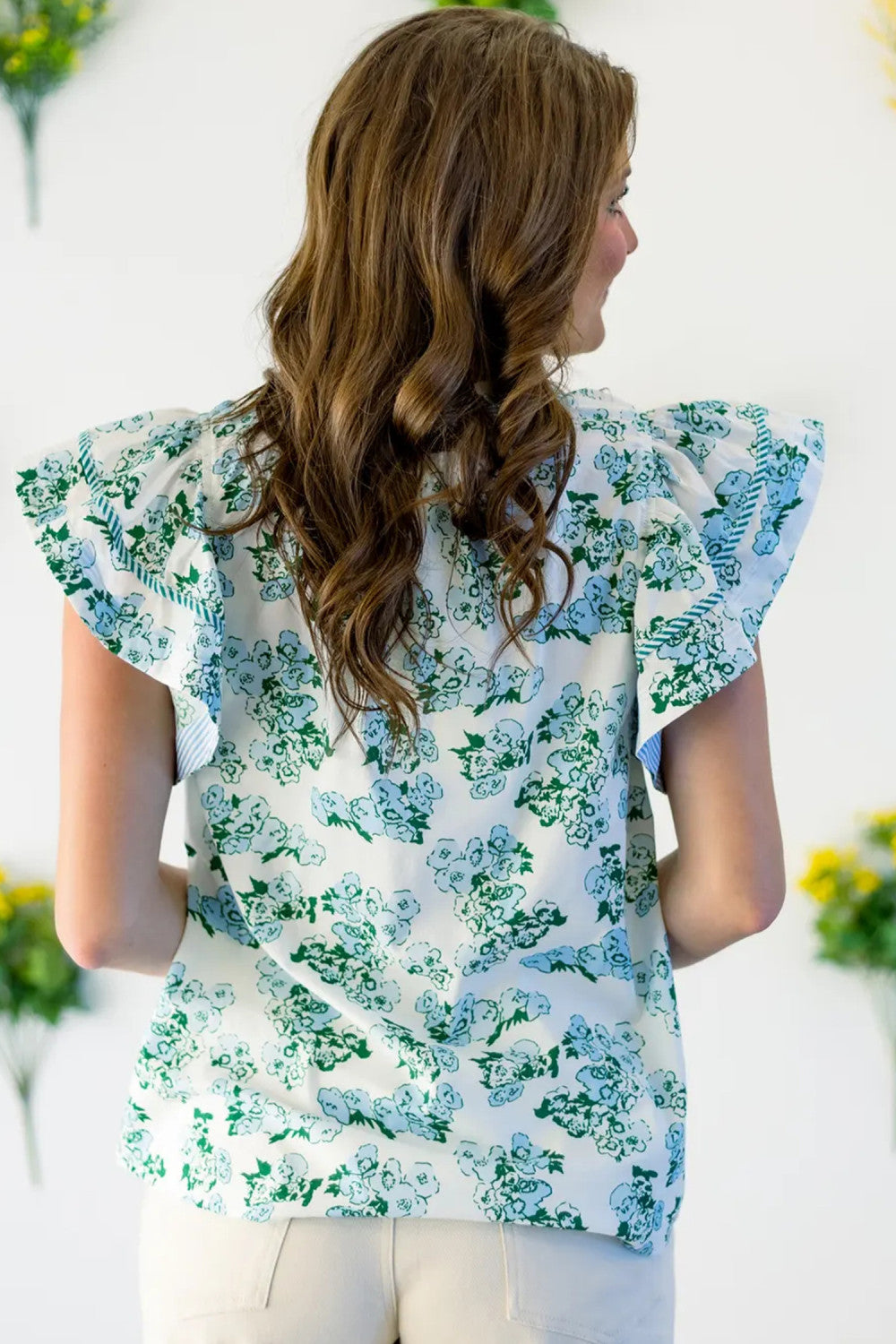 Green Floral Meets Stripes V Neck Flutter Sleeve Blouse - PREORDER