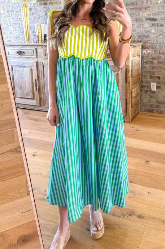 Green Stripe Scalloped Contrast Patchwork Knot Strap Midi Dress - PREORDER