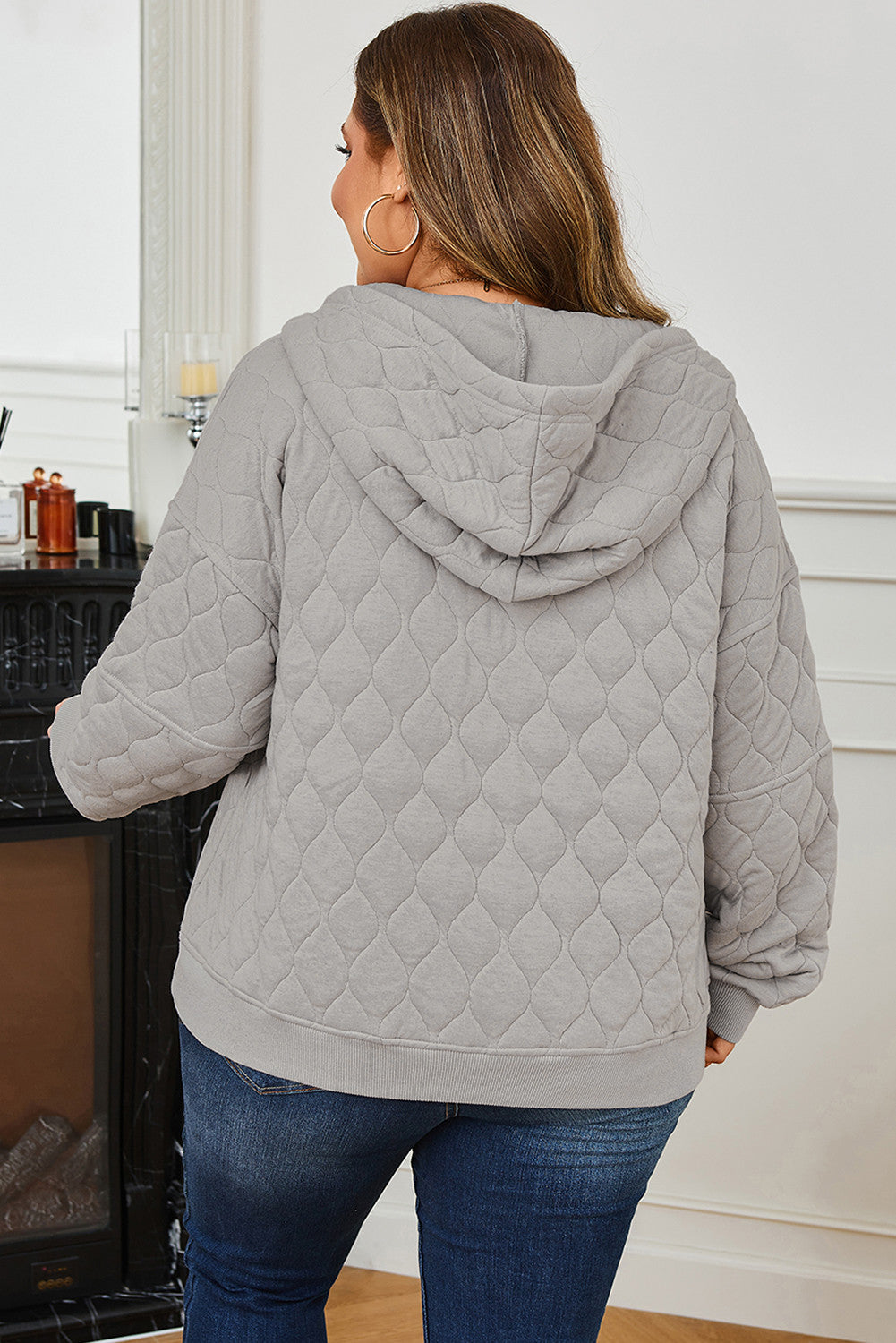 Gray Quilted Quarter Zip Plus Size Hoodie - PREORDER