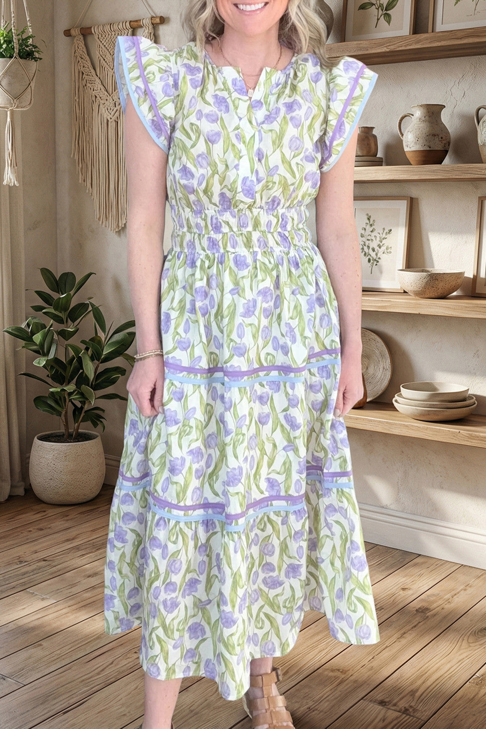 Purple Tulip Floral Print Contrast Trim Midi Dress - PREORDER
