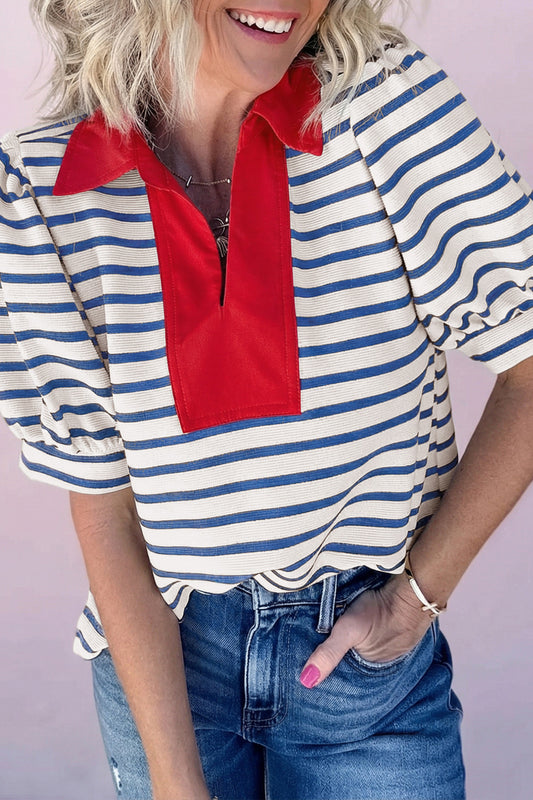 Blue Stripe Short Puff Sleeve Color Block Polo Collar Blouse - PREORDER