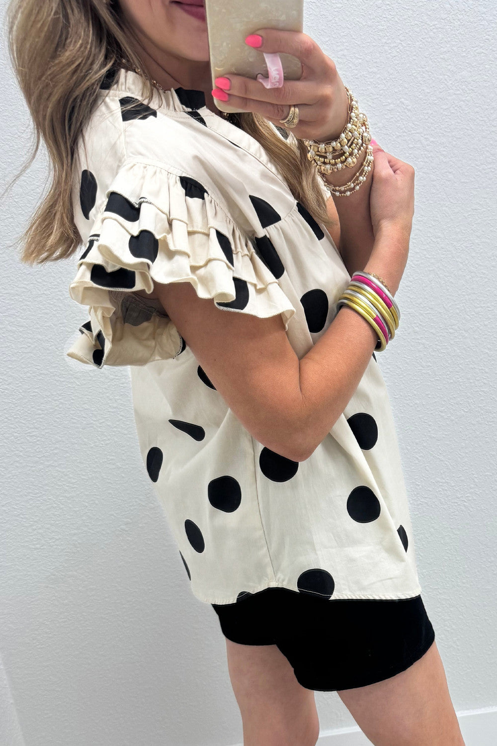 Cream Casual Polka Dot V-Neck Ruffle Short Sleeve Shift Blouse - PREORDER