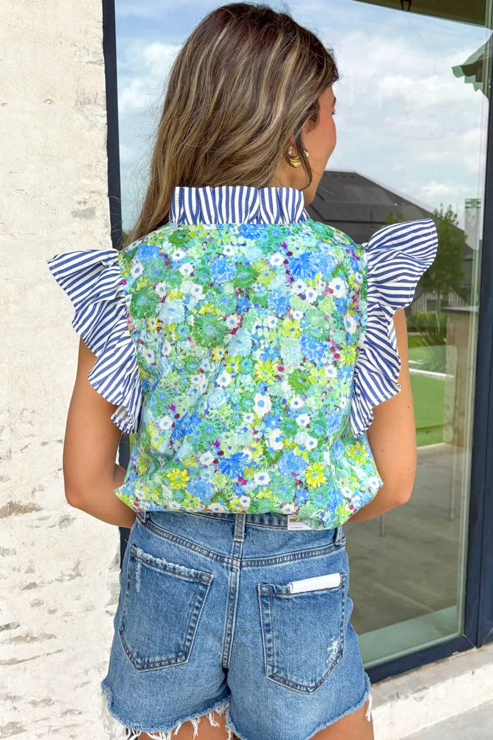Green Floral Painting Print Striped Patchwork Flutter Sleeve V Neck Blouse - PREORDER