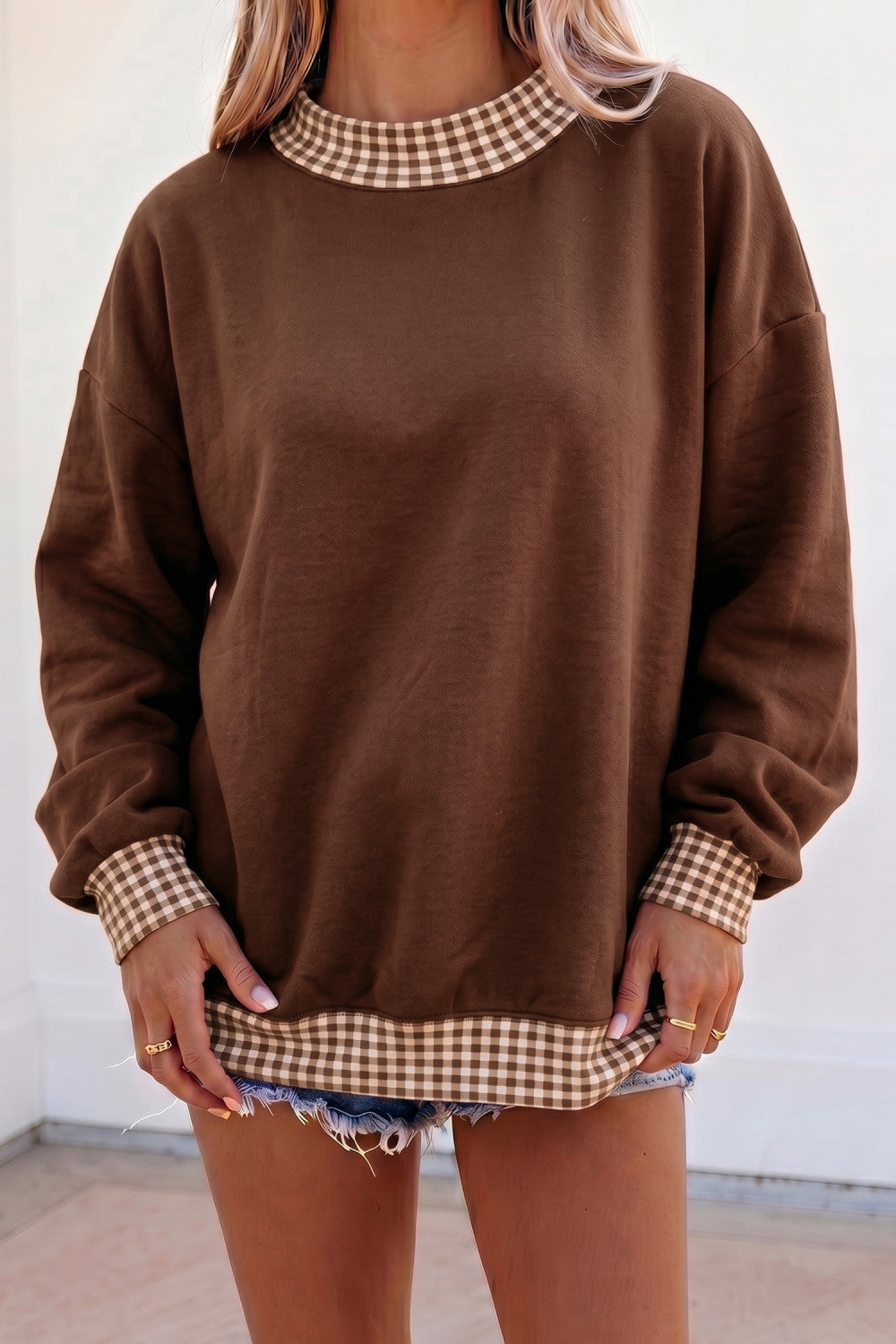 Coffee Colorblock Plaid Contrast Trim Oversized Sweatshirt - PREORDER