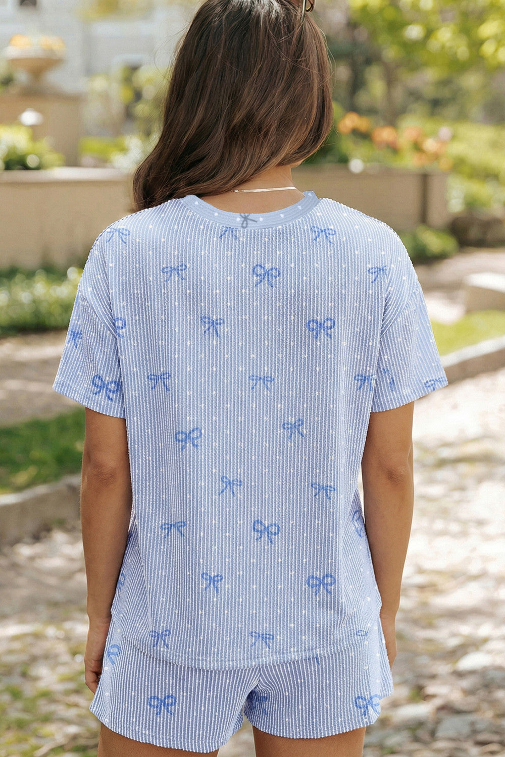 Sky Blue Tiny Heart Bow Print Twisted Rib Loose 2pcs Short Set - PREORDER