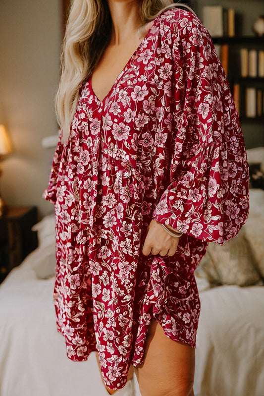 Plus Floral Balloon Sleeve V Neck Relaxed Dress - PREORDER