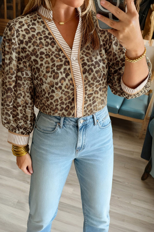 Khaki Contrast Striped Trim V Neck Leopard Shirt - PREORDER
