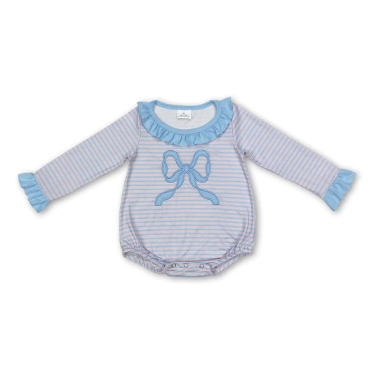 Ruffle Long Sleeves Light Blue Bow Stripe Baby Girls Romper