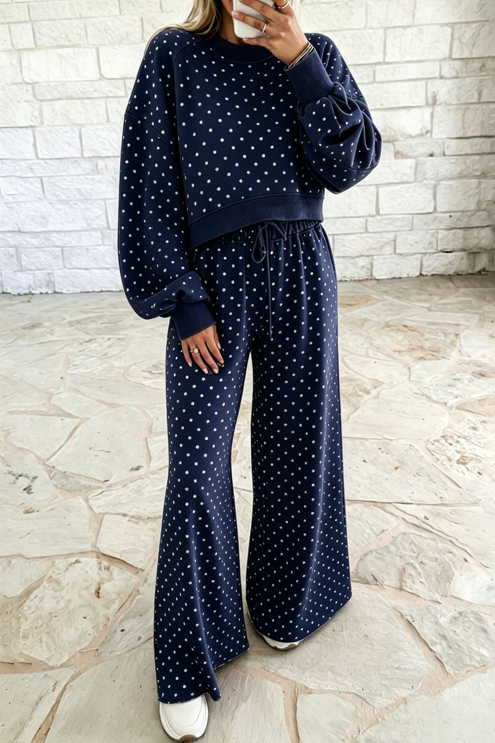 Blue Polka Dot Drawstring Wide Leg Long Sleeve Top Pant Set - PREORDER