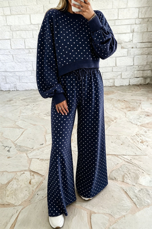 Blue Polka Dot Drawstring Wide Leg Long Sleeve Top Pant Set - PREORDER