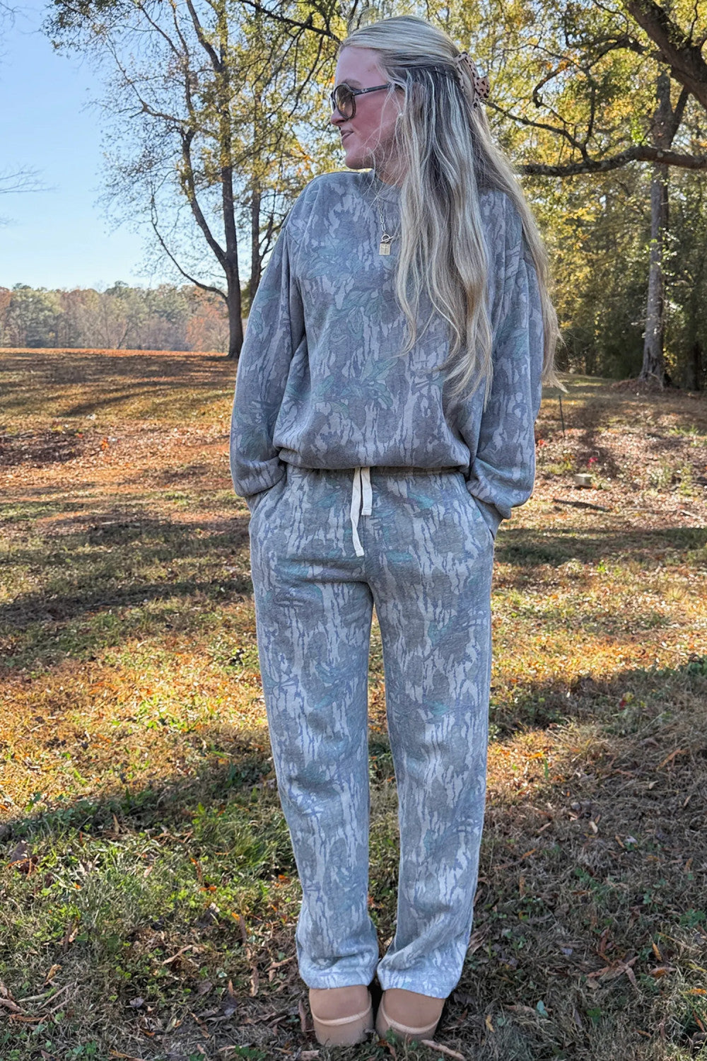 Camo Print Loose Pullover Drawstring Pants 2pcs Set - PREORDER