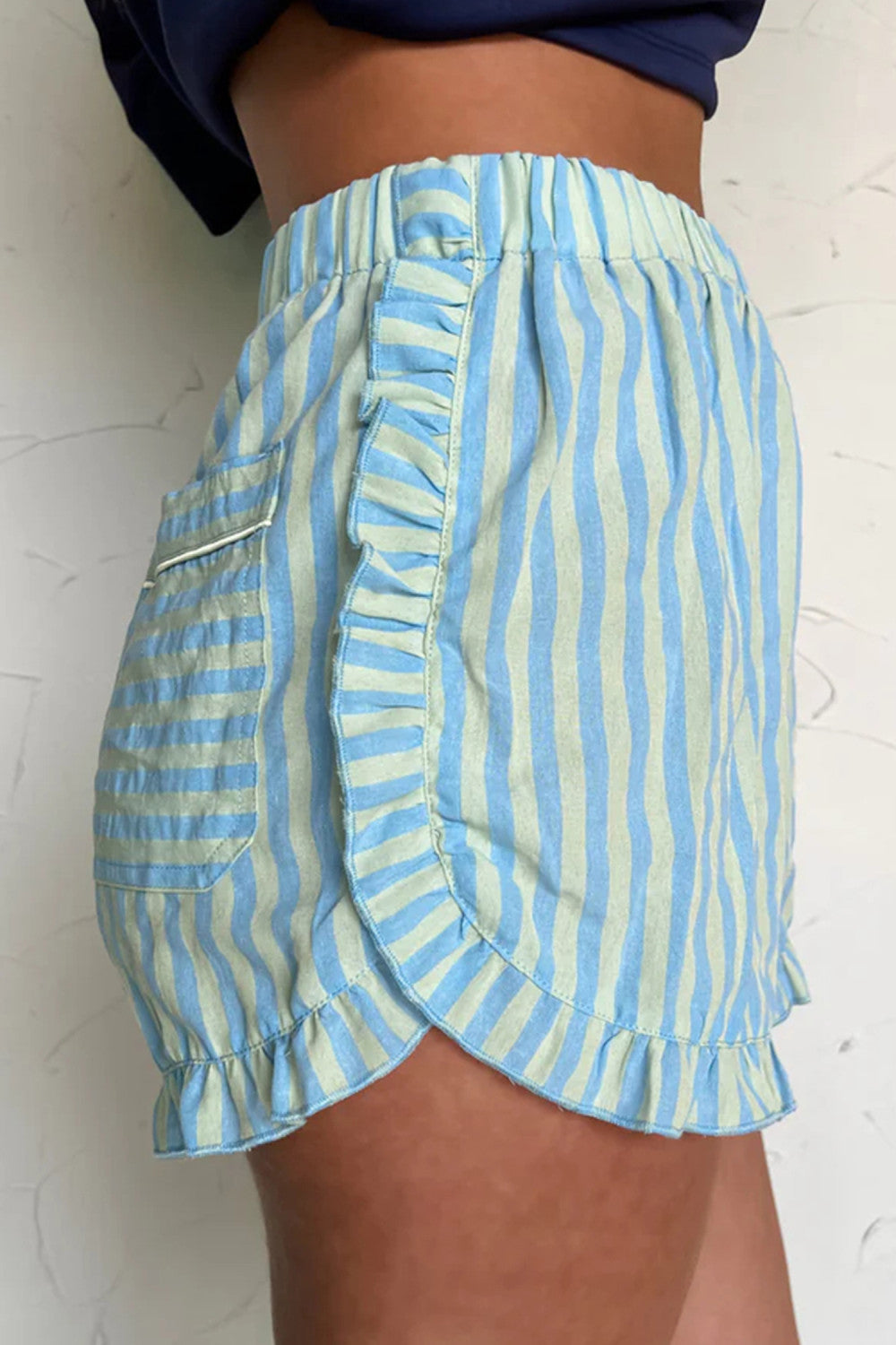 Sky Blue Stripe Elastic Waist Ruffle Trim Casual Shorts - PREORDER