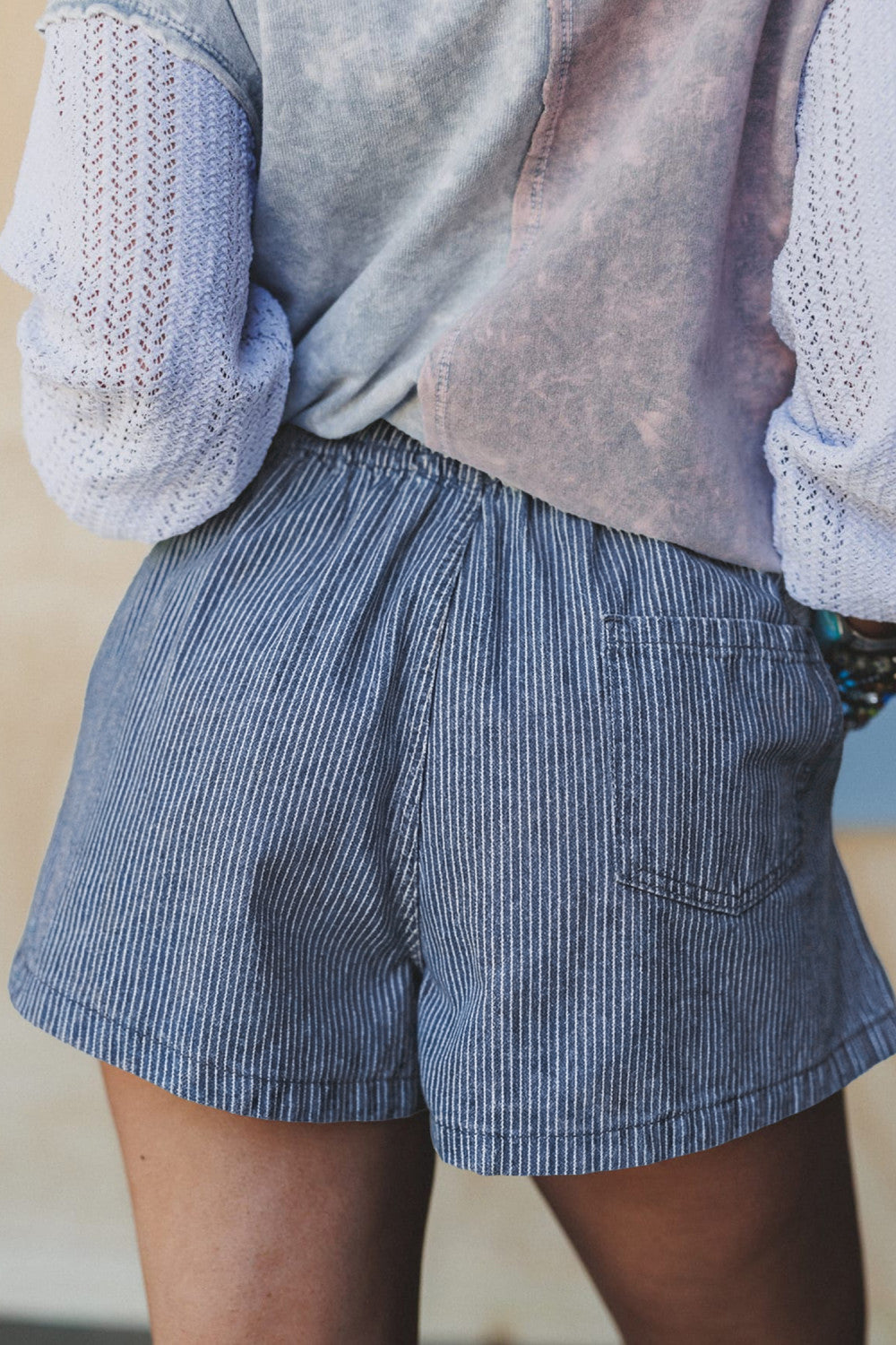 Blue Stripe Drawstring Elastic Waist Casual Denim Shorts - PREORDER