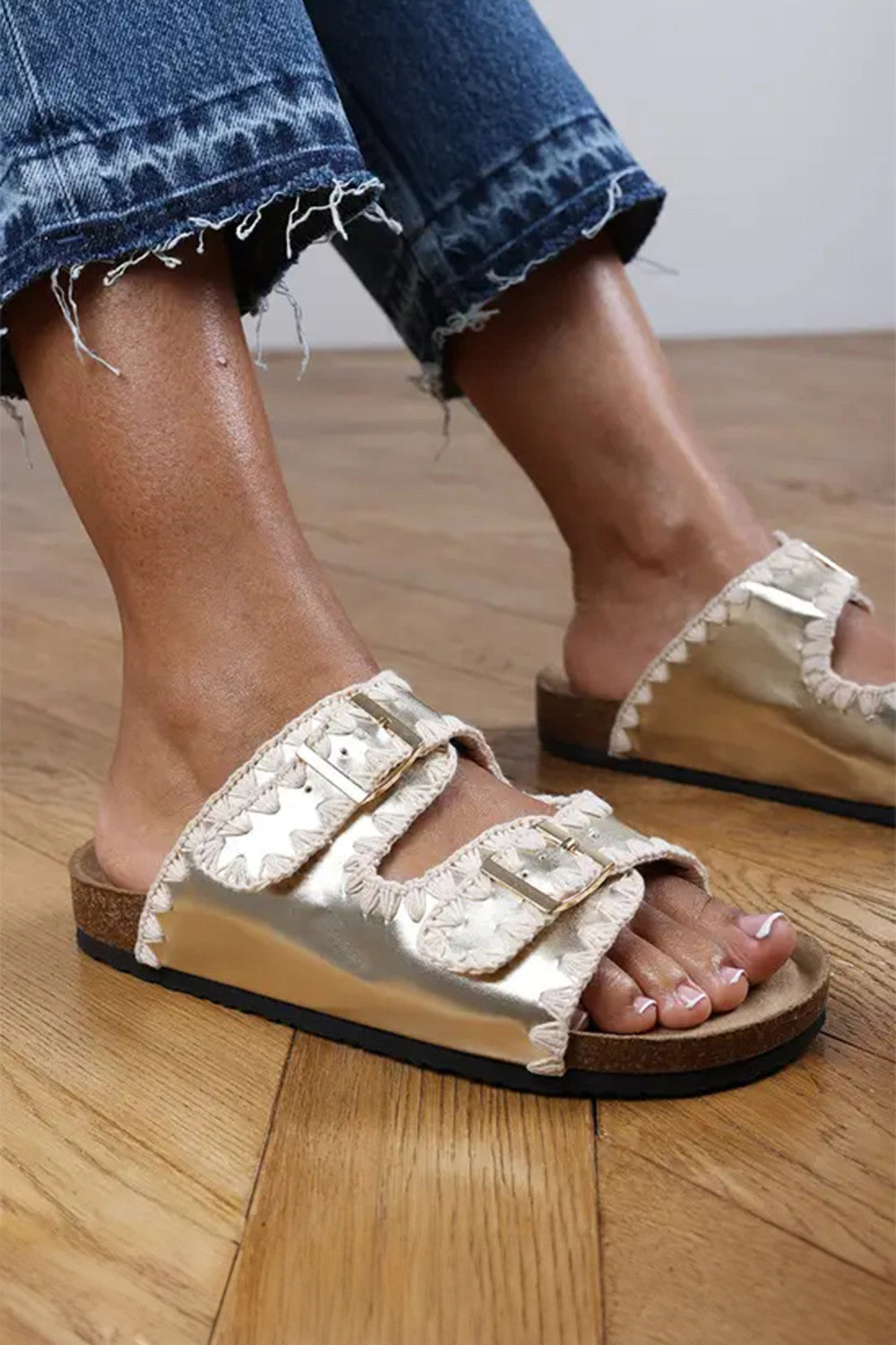 Gold PU Leather Contrast Stitch Flat Sliders - PREORDER