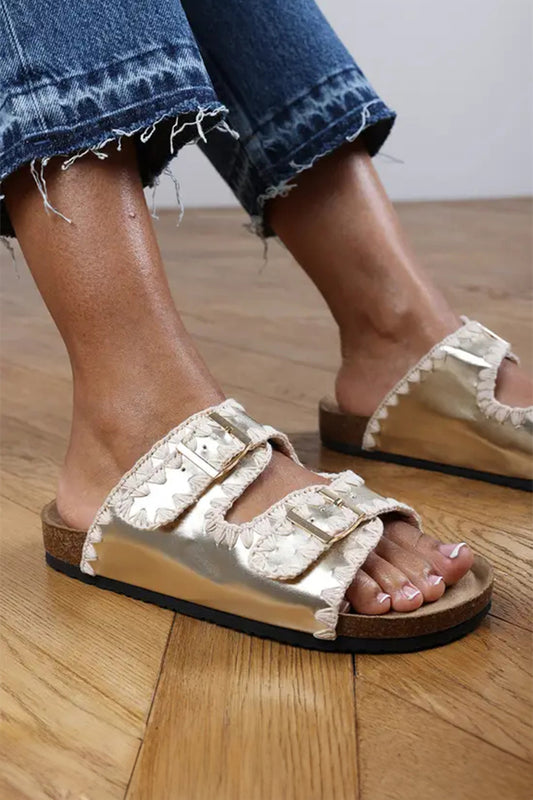 Gold PU Leather Contrast Stitch Flat Sliders - PREORDER