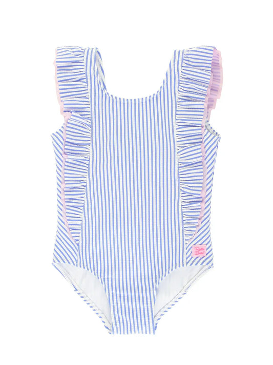 Girls Periwinkle Blue Seersucker Waterfall One Piece Swimsuit