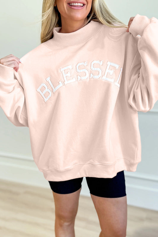 Light Pink Oversize Blessed Embroidered Mock Neck Sweatshirt - PREORDER