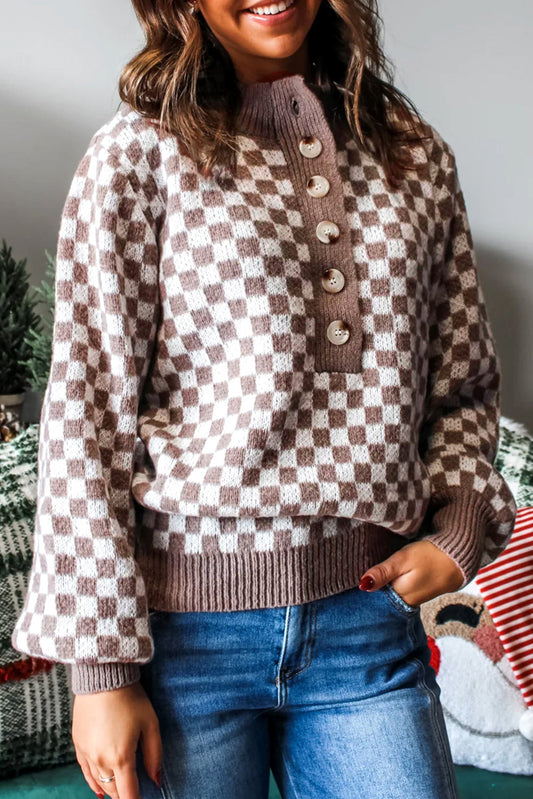 Dark Brown Half Button Ribbed Trim Checkerboard Knit Sweater - PREORDER