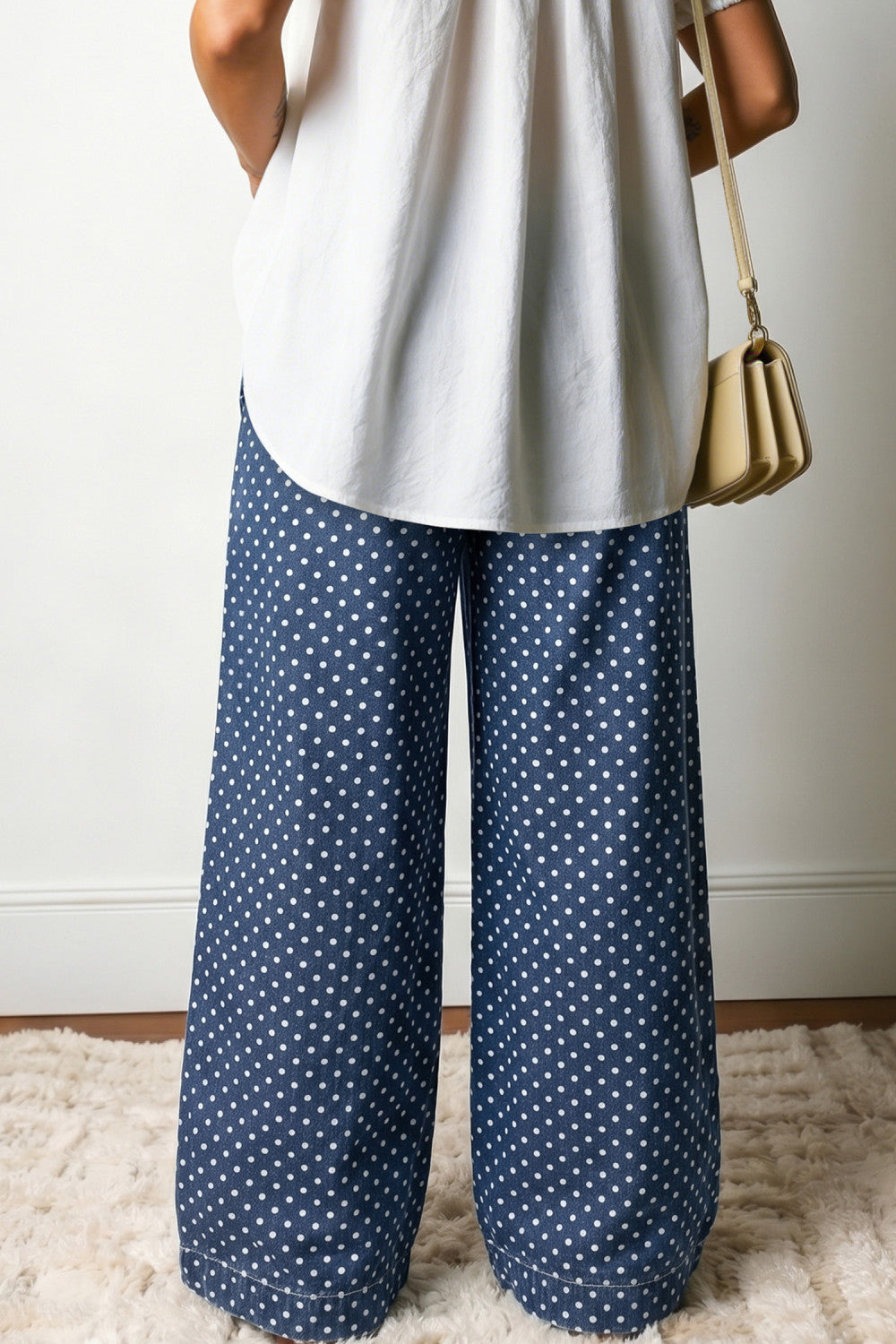 Sky Blue Polka Dot Print Button Pleated Detail Wide Leg Jeans - PREORDER
