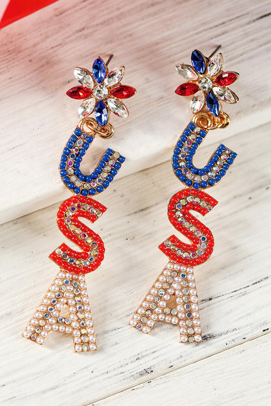Fiery Red Beaded Rhinestone Colorblock USA Earrings - PREORDER