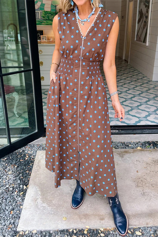 Brown Polka Dot Print Contrast Trim V Neck Zip Up Sleeveless Dress - PREORDER