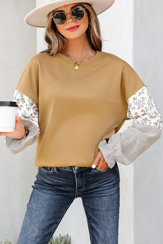 Camel Floral Striped Patchwork Ruffled Sleeve Crew Neck Sweatshirt - PREORDER