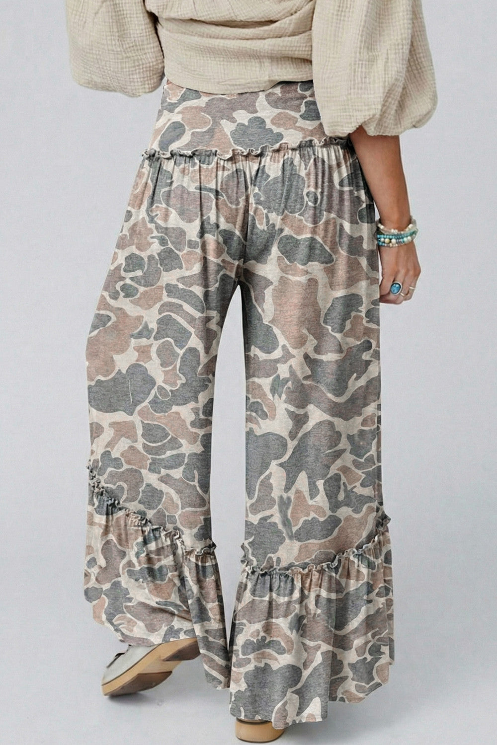 Multicolour Camo Print Wide Leg Casual Pants - PREORDER