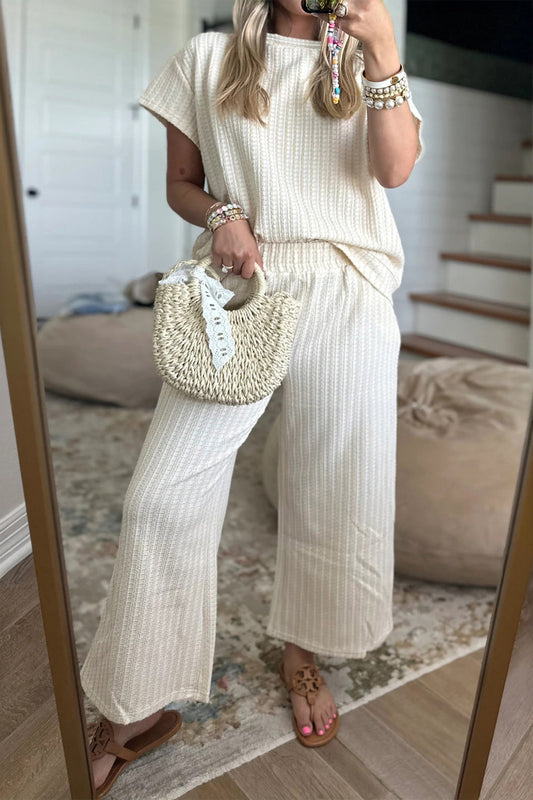 Beige Texture Loose Short Sleeve Top and Cropped Pant Set - PREORDER