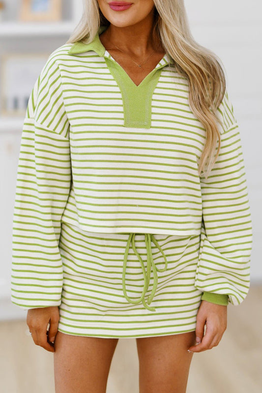 Green Stripe Collared V Neck Drop Shoulder Pullover and Skort 2pcs Outfit - PREORDER