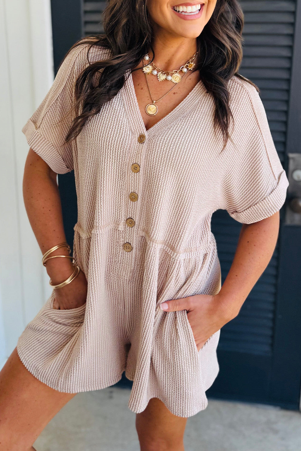 Tan Spiral Ribbed Short Sleeve V Neck Buttoned Romper with Pocket