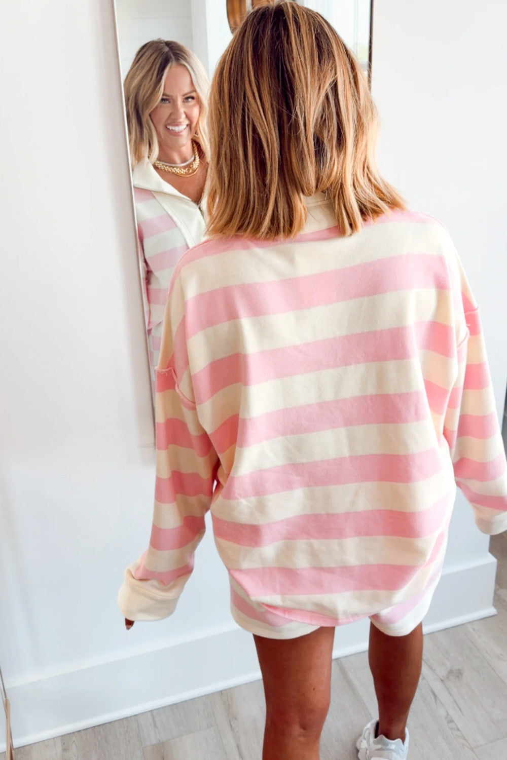 Pink Stripe Striped Zipper Pullover Shorts Set Two Piece Casual Pants  - PREORDER