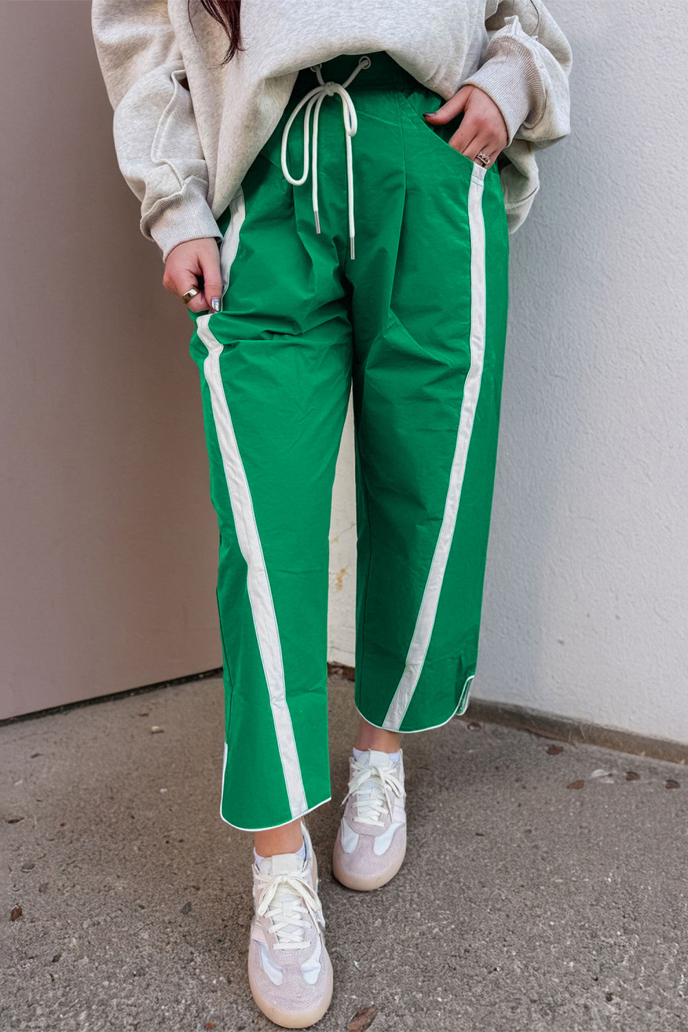 Bright Green Contrast Striped Smocked Waist Drawstring Cropped Casual Pants - PREORDER