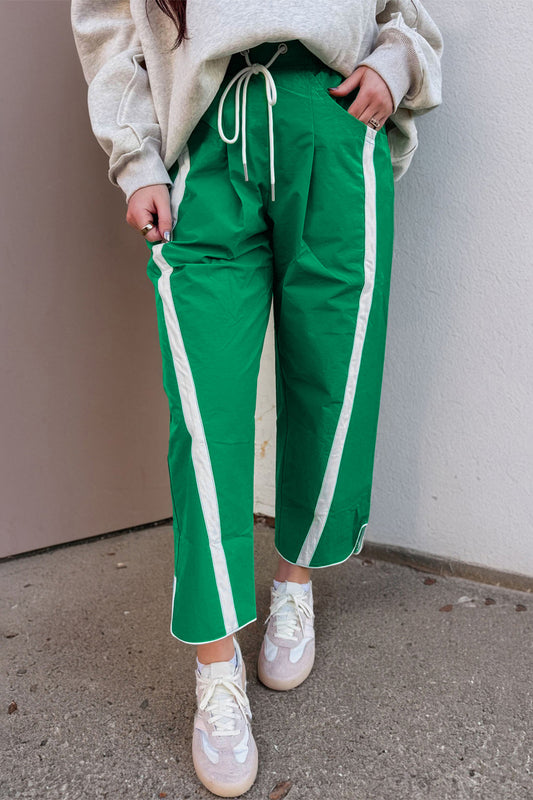 Bright Green Contrast Striped Smocked Waist Drawstring Cropped Casual Pants - PREORDER