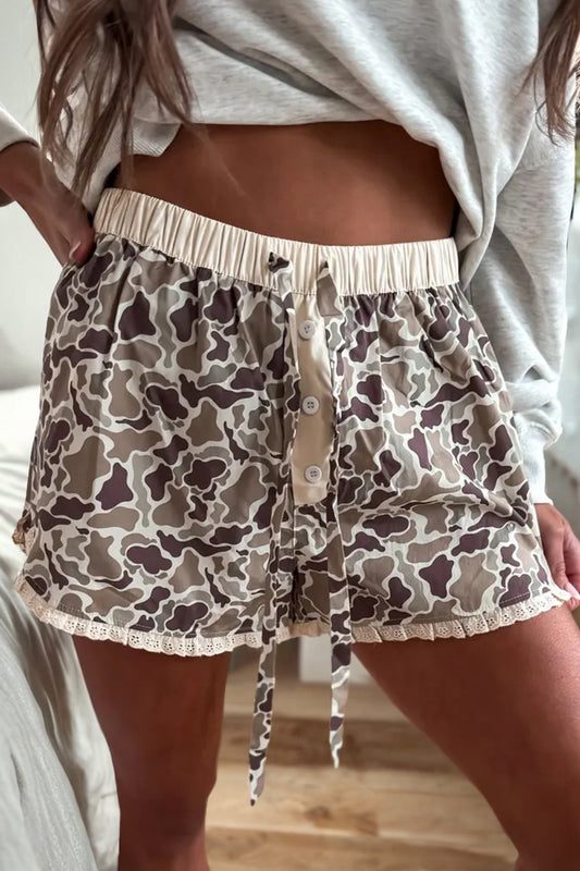 Khaki Camouflage Print Ruffle Boxer Shorts - PREORDER