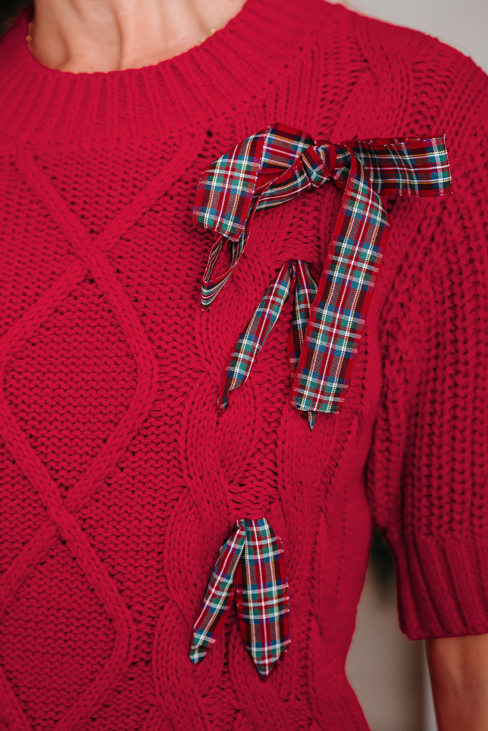 Red Plaid Lace up Detail Christmas Holiday Puff Short Sleeve Sweater