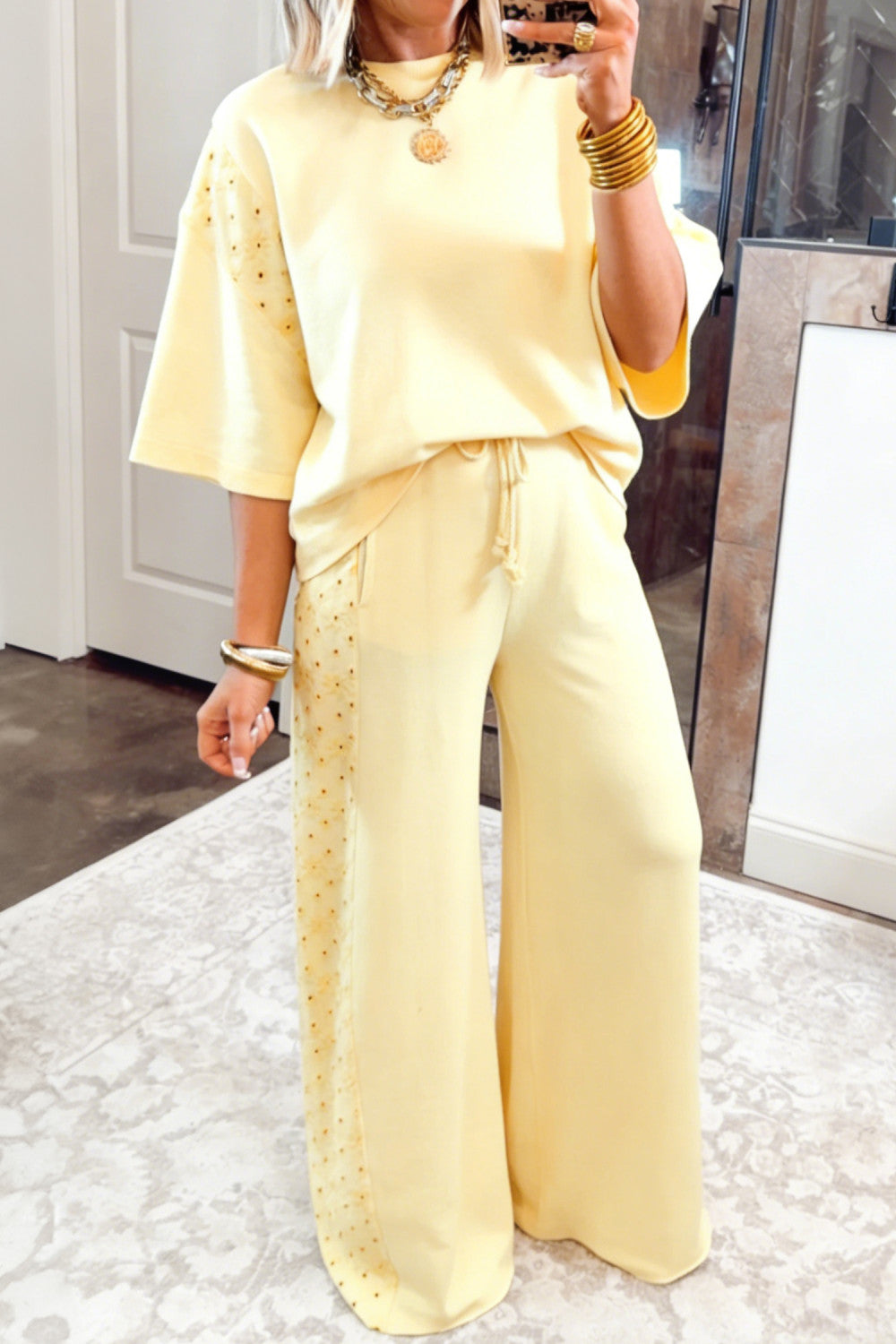 Yellow Cream Solid Color Eyelet Lace Patchwork Oversize Tee Drawstring Loose Pants 2pcs Outfit