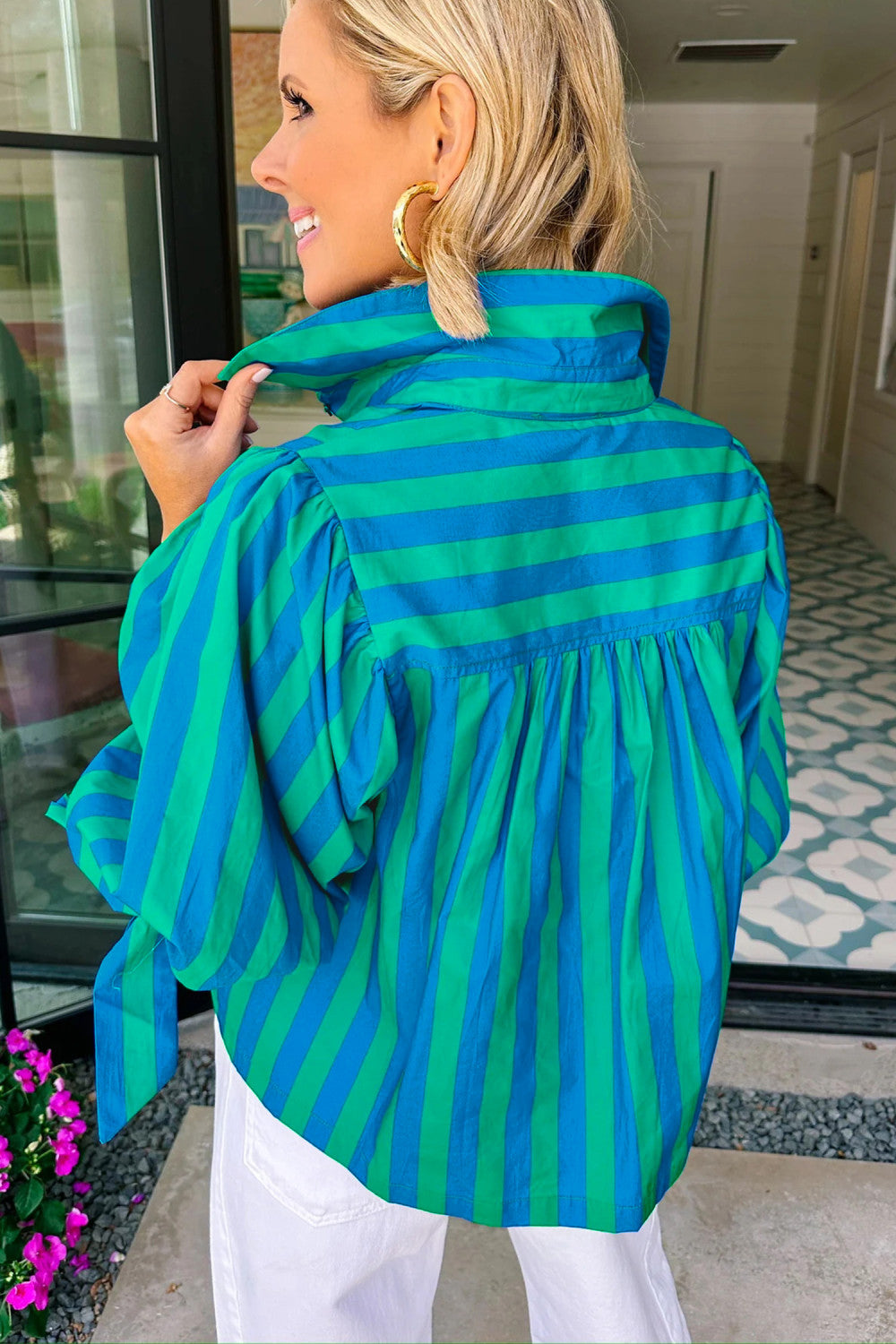 Blue Stripe Tie Puff Sleeve Womens Button Down Shirt - PREORDER