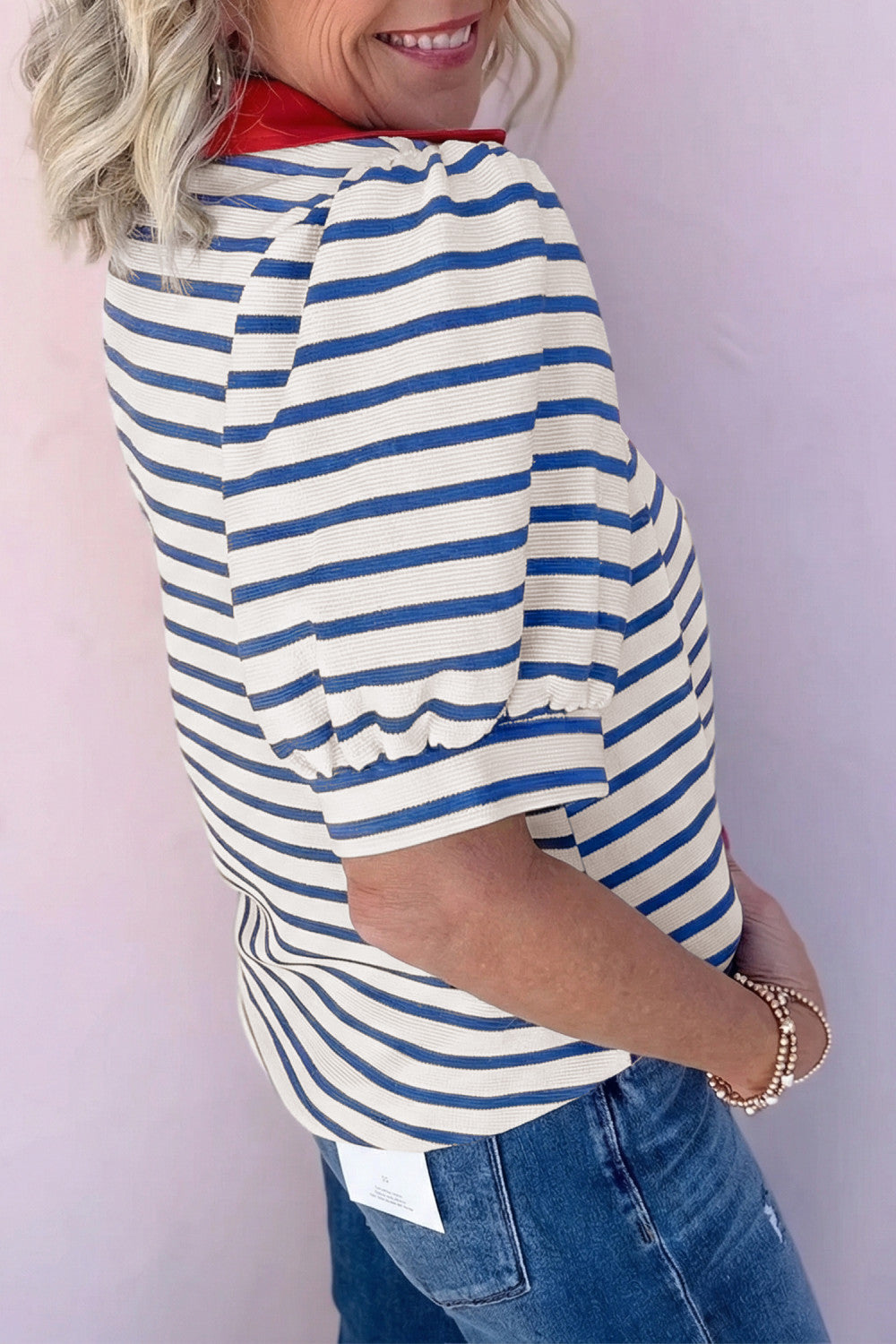 Blue Stripe Short Puff Sleeve Color Block Polo Collar Blouse - PREORDER