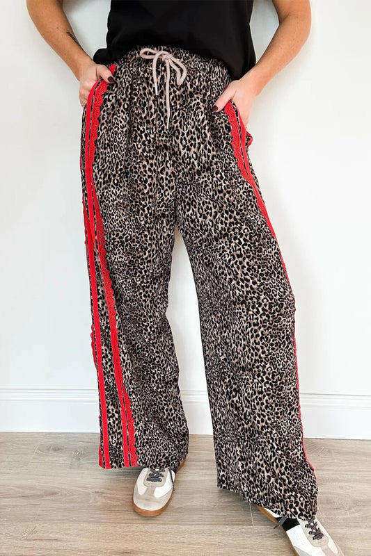 Brown Wild Leopard Print Contrast Lace Striped Detail Drawstring Pants - PREORDER
