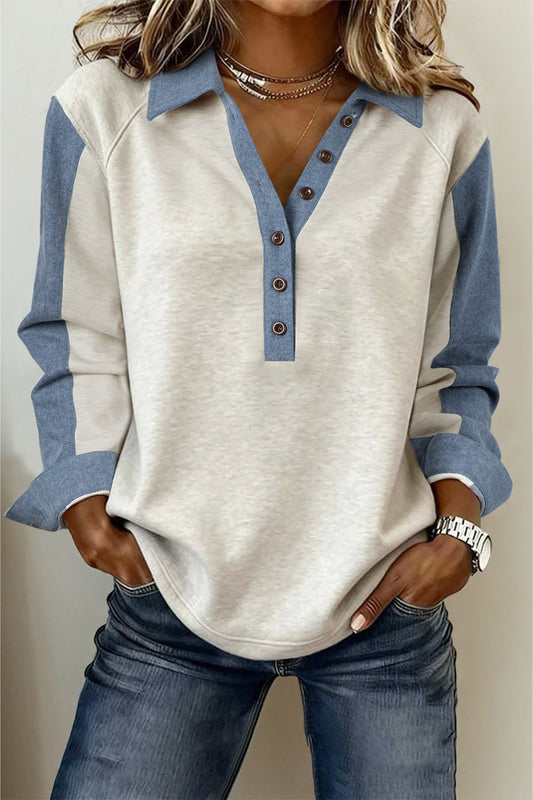 Light Grey Denim Patchwork Buttoned Polo Collar Long Sleeve Top - PREORDER